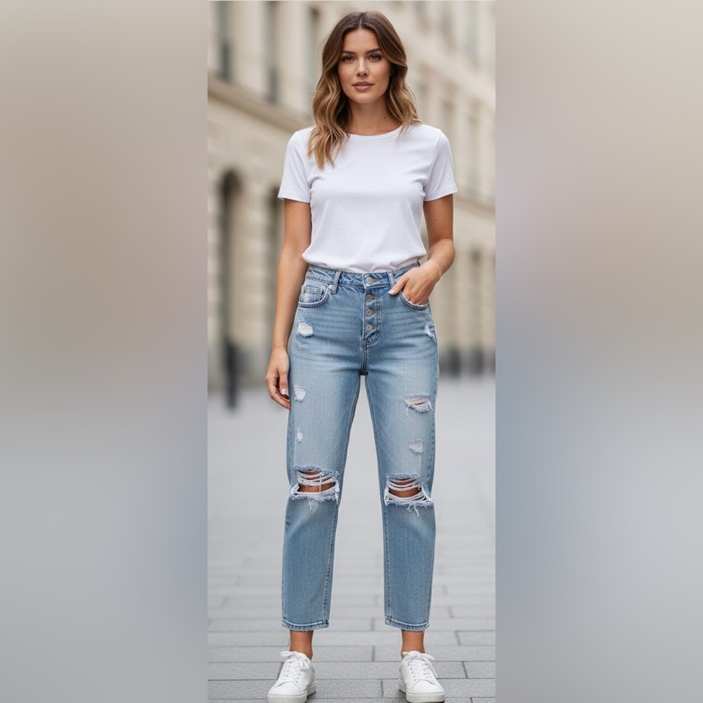 H&M L.O.G.G. Light Blue Washed Out Distressed Ripped Jeans, Size 4